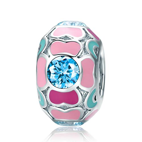 PAHALA 925 Strling Silver Pink Enamel Sweet Heart Spacer with Crystal Charm