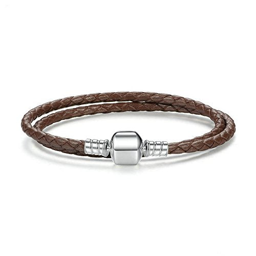 PAHALA 925 Sterling Silver Long 4 Colors Braided Leather Chain Snake Clasp (34, Brown)