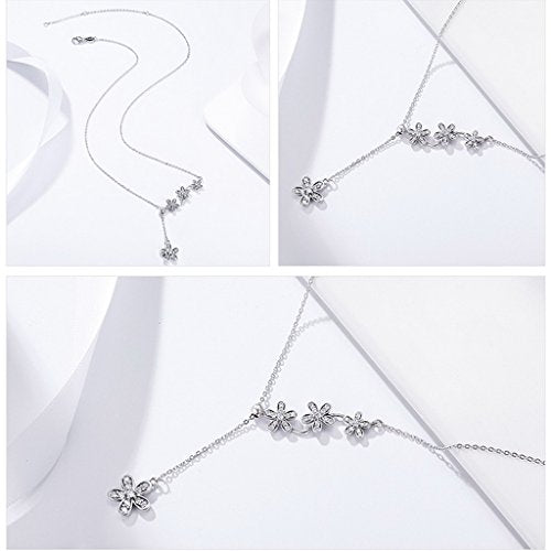PAHALA 925 Sterling Silver Daisy Flower Tassel with Crysatls Clear CZ Pendant Necklace
