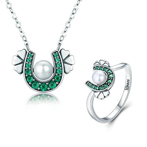 PAHALA 925 Sterling Silver Horseshoe with Green Crystals Pendant Necklace Ring Jewelry Set