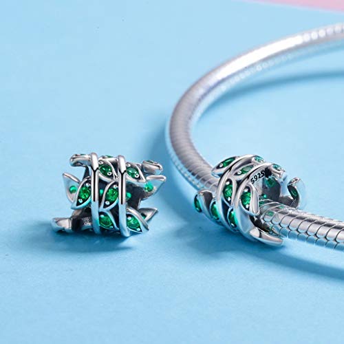 PAHALA 925 Sterling Silver Tree of Life Green Leaves with Crystal Charm Bead