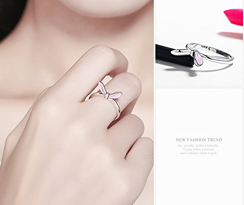PAHALA 925 Sterling Silver Lovely Pink Rabbit Ears Enamel Cubic Zirconia Vintage Wedding Engagement Band Ring