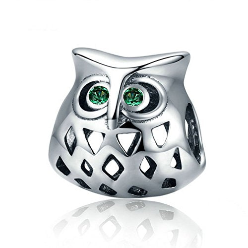 PAHALA 925 Sterling Silver Cut Owl with Green Crystals Charm Bead Fit Bracelets
