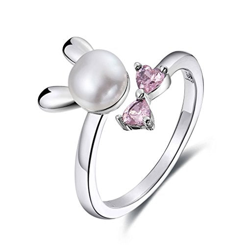PAHALA 925 Sterling Silver Cute Rabbit with Love Pink Crystals Cubic Zirconia Vintage Wedding Engagement Band Ring