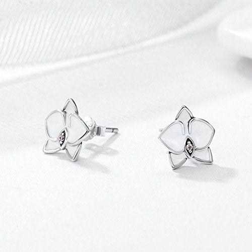 PAHALA 925 Sterling Orchid White Enamel With Pink Crystals Party Wedding Stud Earrings