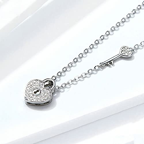 PAHALA 925 Sterling Silver Love Heart Lock Key Crystals Pendant Wedding Necklace