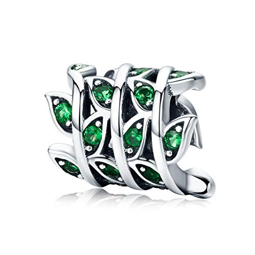 PAHALA 925 Sterling Silver Tree of Life Green Leaves with Crystal Charm Bead