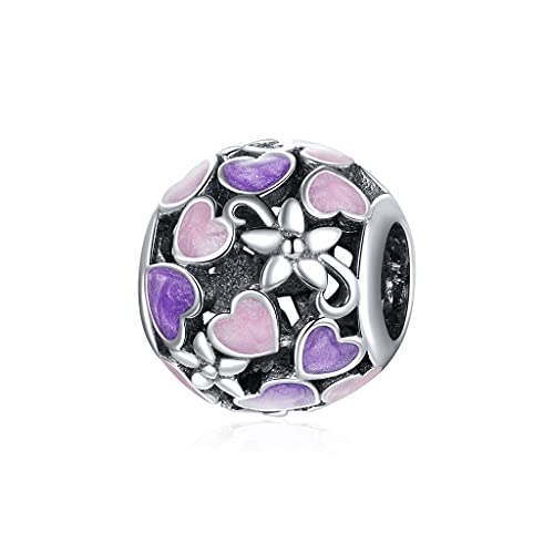 PAHALA 925 Sterling Silver Enamel Heart Purple Pink Ball Round Flower Charm Bead