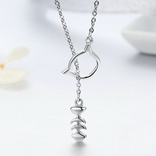 PAHALA 925 Sterling Silver Sweet Little Cat Love Fish Clear CZ Pendant Necklace