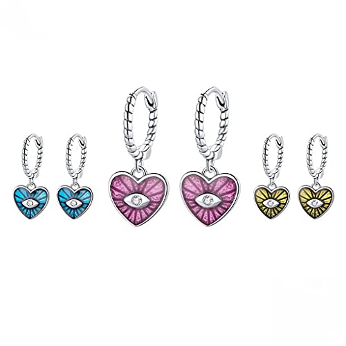 PAHALA 925 Sterling Silver Enamel Colorful Heart Demon Eye Sapphire Hoop Drop Earrings