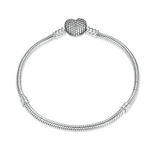 PAHALA 925 Sterling Silver Heart with Crystals Snake Chain Bracelet Bangle