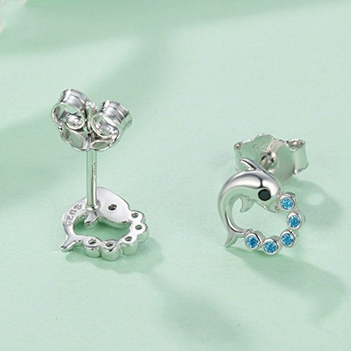PAHALA 925 Sterling Silver Cut Dolphin With Blue Crystals Party Wedding Stud Earrings