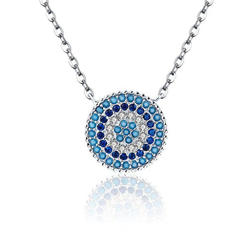 PAHALA 925 Sterling Silver Lucky Round with Blue Crystals Clear CZ Pendant Necklace