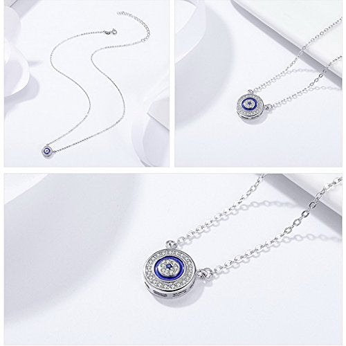 PAHALA 925 Sterling Silver Blue Eye Round Crystals Clear CZ Pendant Necklace