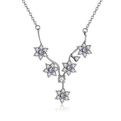 PAHALA 925 Sterling Silver Purple Flowers Chain with Crystals Pendant Necklace