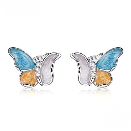 PAHALA 925 Sterling Silver Cute Enamel Butterfly Three Colors Crystals Stud Earrings