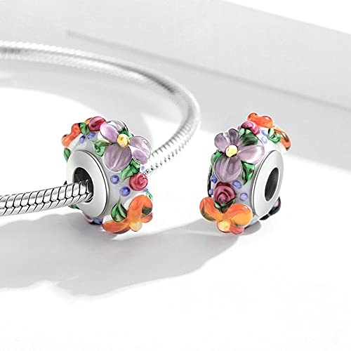 PAHALA 925 Sterling Silver Enamel make Colorful Flowers Glasses Charm Bead