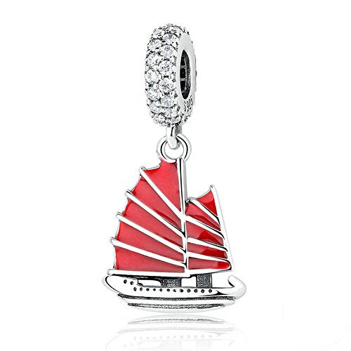 PAHALA 925 Strling Silver Red Enamel Junk Ship Shaped Charms Pendant Fit Bracelets Necklace