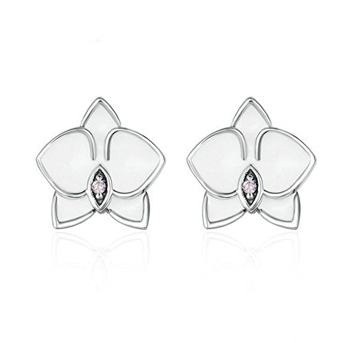 PAHALA 925 Sterling Orchid White Enamel With Pink Crystals Party Wedding Stud Earrings