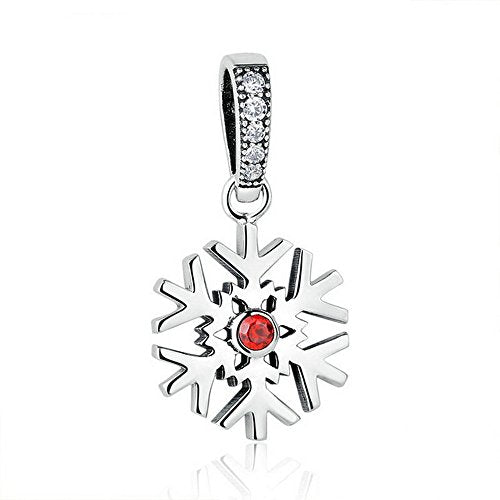 PAHALA 925 Strling Silver Snowfalke with Red Crystals Charms Pendant Fit Bracelets Necklace