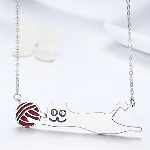 PAHALA 925 Sterling Silver Cat with Red Enamel Ball Clear CZ Pendant Necklace