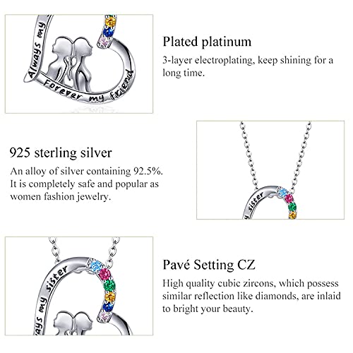PAHALA 925 Sterling Silver Best Sisters Forever Friend Heart Rainbow Crystals Pendant Necklace