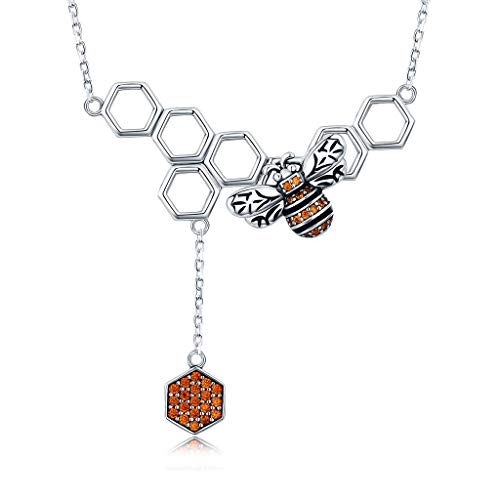 PAHALA 925 Sterling Silver Insect Bee Honeycomb with Crystals Clear CZ Pendant Necklace