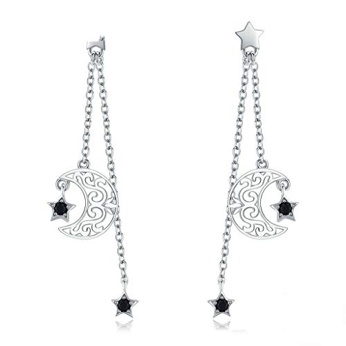 PAHALA 925 Sterling Silver Star And Moon Long Chain With Crystal Drop Earrings