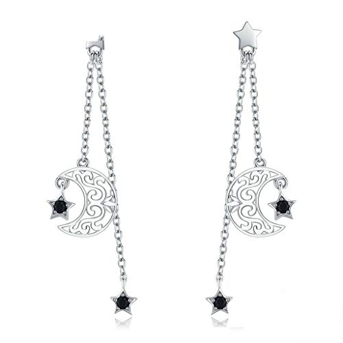 PAHALA 925 Sterling Silver Star And Moon Long Chain With Crystal Drop Earrings