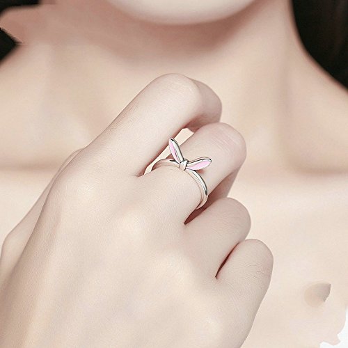 PAHALA 925 Sterling Silver Lovely Pink Rabbit Ears Enamel Cubic Zirconia Vintage Wedding Engagement Band Ring