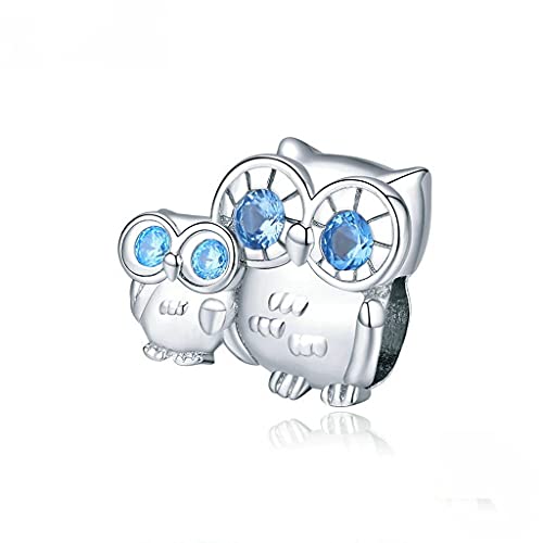 PAHALA 925 Sterling Silver Blue Crystal Owl Mom and Baby Charm Bead