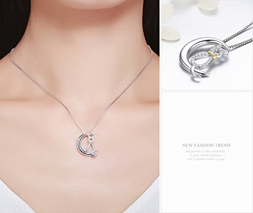 PAHALA 925 Sterling Silver Moon with Cute Cat Crystals Clear CZ Pendant Necklace