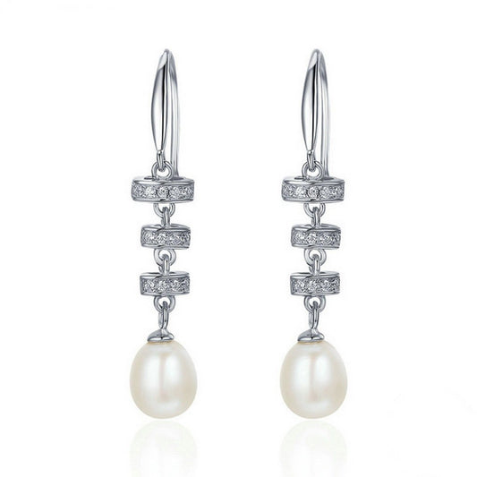 PAHALA 925 Sterling Silver Geometric With Crystals Freshwater Pearl Party Wedding Drop Earrings