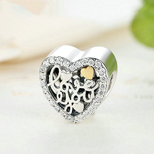 PAHALA 925 Sterling Silver Love You Heart with Crystals Around Charms Fit Bracelets Necklace