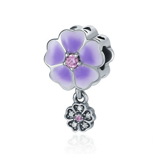 PAHALA 925 Sterling Silver Light Pruple Enamel Blooming Crystals Pendant Charm Bead