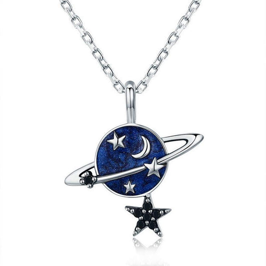 PAHALA 925 Sterling Silver Sparkling Planet Star Blue Enamel Pendant Necklace