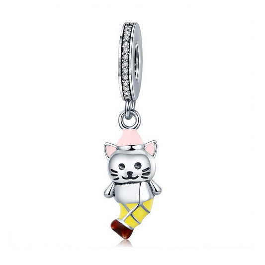 PAHALA 925 Strling Silver Enamel Cute Tailed Cat Dangle Charms