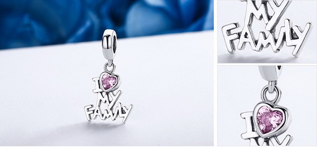 PAHALA 925 Sterling Silver I Love My Family with Pink Crystal Charms Fit Bracelets Necklace