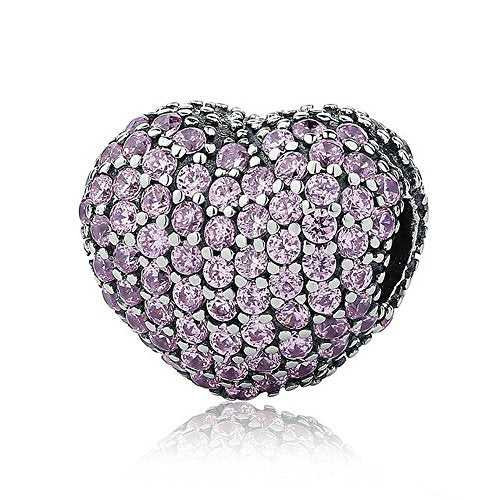 PAHALA 925 Sterling Silver Pink Crystals Heart Charms Fit Bracelets Necklace