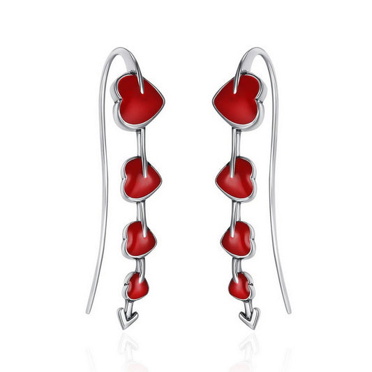 PAHALA 925 Sterling Silver Fall In Love Blooming Heart Red Enamel Long Drop Earrings