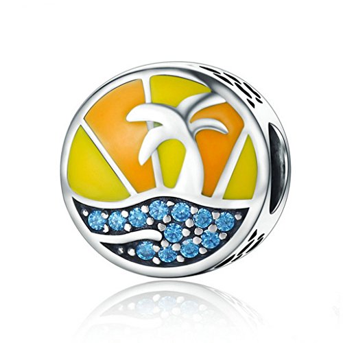 PAHALA 925 Sterling Silver Love Summer Beach with Blue Crystal Charm Bead Fit Bracelet