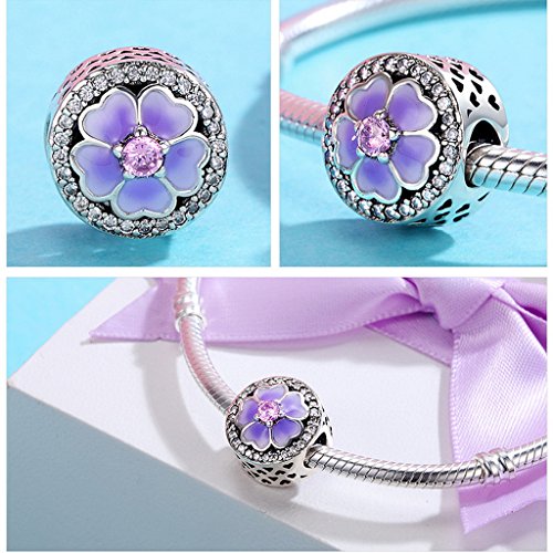 PAHALA 925 Sterling Silver Light Purple Enamel Blooming Crystals Charm Bead