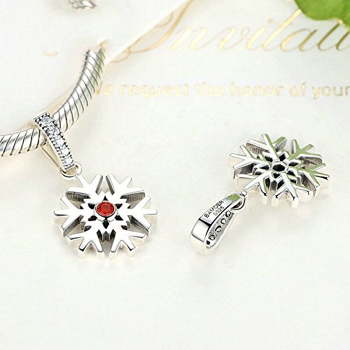 PAHALA 925 Strling Silver Snowfalke with Red Crystals Charms Pendant Fit Bracelets Necklace