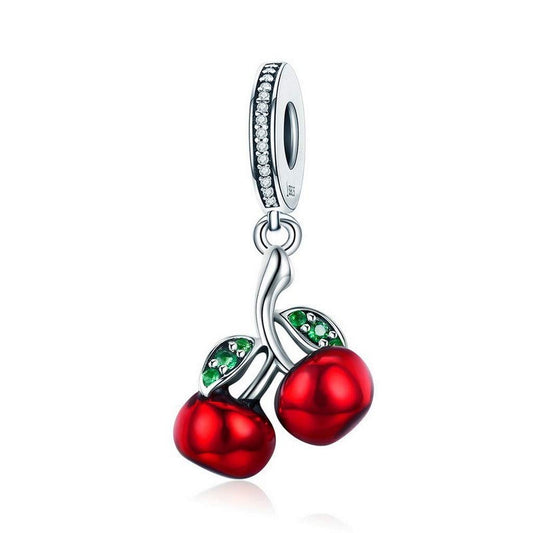 PAHALA 925 Strling Silver Red Enamel Cherry with Crystals Pendant Charm Bead