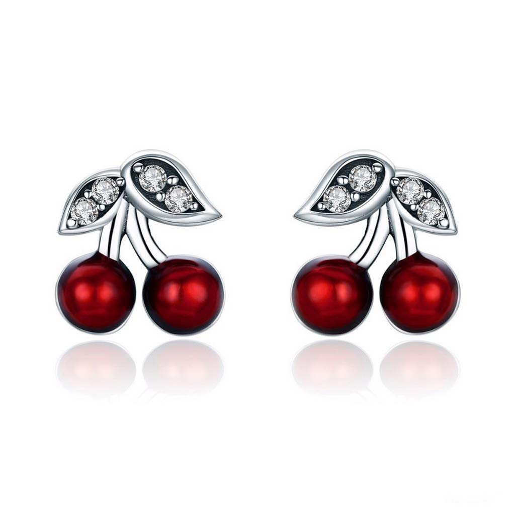 PAHALA 925 Sterling Silver Summer Red Cherry Enamel With Crystal Earrings