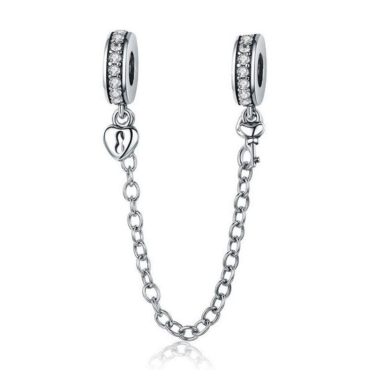 PAHALA 925 Sterling Silver Stackable Heart Love Heart with Crystals Safety Chain Charm Bead