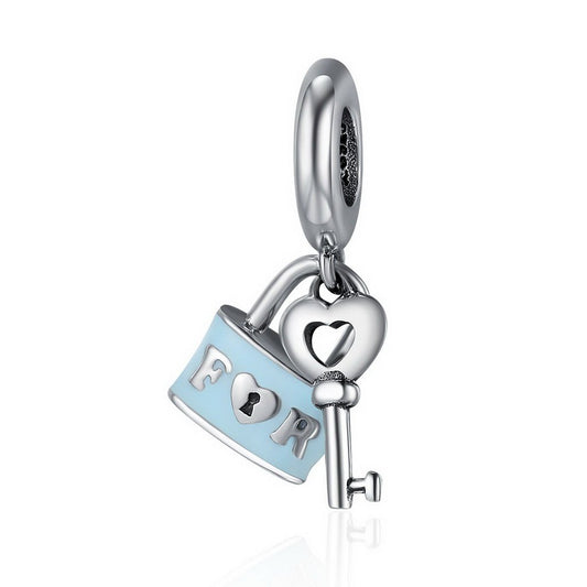 PAHALA 925 Sterling Silver Promise of Love Lock Blue Enamel Charm Bead