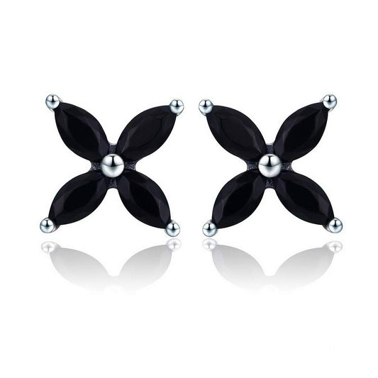 PAHALA 925 Sterling Silver Small Black Clover Flower Earrings