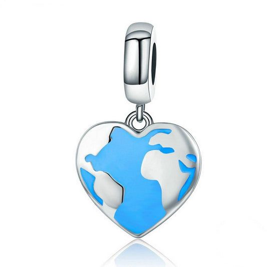 PAHALA 925 Sterling Silver Heart Dream Travel Map with Blue Enamel Charm Bead Fit Bracelet