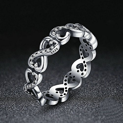 PAHALA 925 Sterling Silver Hearts Flowers with Crystals Cubic Zirconia Pave Wedding Engagement Band Ring